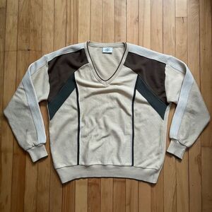 Gabicci Mens XL V Neck Sweater Wool Acrylic Beige Brown Colorblock Made in Italy